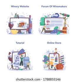 Wine maker online service or platform set. Grape wine in a wood barrel, bottle of red wine and glass full of alcohol drink. Winery website, online forum, tutorial, store. Isolated vector illustration