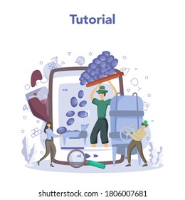 Wine maker online service or platform. Grape wine in a wood barrel, bottle of red wine and glass full of alcohol drink. Online tutorial. Isolated vector illustration
