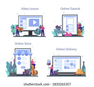 Wine maker online service or platform set. Grape wine in wood barrel, bottle of a red wine and glass full of alcohol drink. Online delivery, tutorial, store, video lesson. Isolated vector illustration
