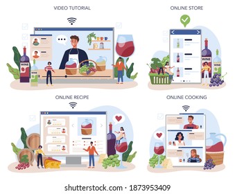Wine maker online service or platform set. Grape wine in wood barrel, bottle of a red wine and glass full of alcohol drink. Online cooking, store, recipe, video tutorial. Isolated vector illustration