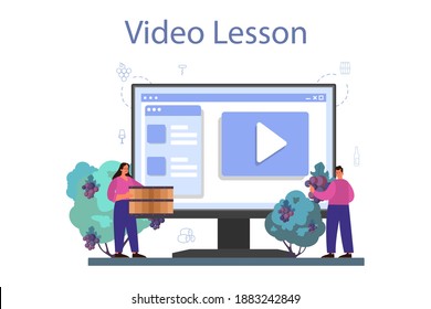 Wine maker online service or platform. Grape wine in wood barrel, bottle of a red wine and glass full of alcohol drink. Video lesson. Isolated vector illustration