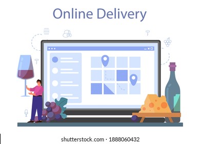 Wine maker online service or platform. Grape wine in wood barrel, bottle of a red wine and glass full of alcohol drink. Online delivery. Isolated vector illustration
