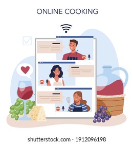 Wine maker online service or platform. Grape wine in wood barrel, bottle of a red wine and glass full of alcohol drink. Online cooking. Isolated vector illustration