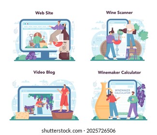 Wine maker online service or platform set. Grape wine in a barrel or bottle. Reciepe development, grape selection. Video blog, wine scanner, winemaker calculator, website. Flat vector illustration