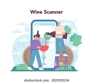 Wine maker online service or platform. Grape wine in a barrel or bottle. Reciepe development, grape selection. Wine scanner. Flat vector illustration