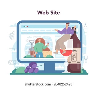 Wine maker online service or platform. Grape wine in a barrel or bottle. Reciepe development, grape selection. Website. Flat vector illustration