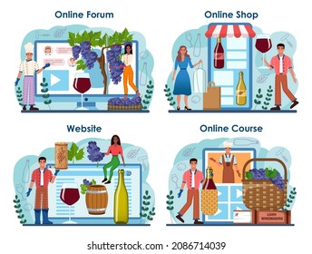 Wine maker online service or platform set. Grape wine aging in a wood barrel. Wine factory production. Online forum, shop, course, website. Flat vector illustration