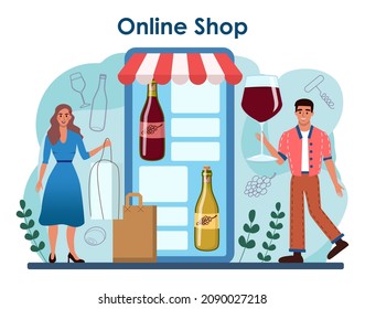 Wine maker online service or platform. Grape wine aging in a wood barrel. Wine factory production. Online shop. Flat vector illustration