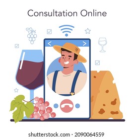 Wine maker online service or platform. Grape wine aging in a wood barrel. Wine factory production. Online consultation. Flat vector illustration