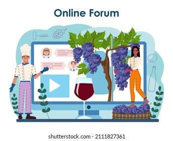 Wine maker online service or platform. Grape wine aging in a wood barrel. Wine factory production. Online forum. Flat vector illustration