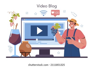 Servicio o plataforma de Wine maker en línea. Vino de uva envejeciendo en barril de madera. Producción de fábrica de vino. Video blog. Ilustración vectorial plana