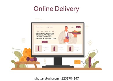 Wine maker online service or platform. Reciepe development, exposure and samping, grape selection. Online delivery. Flat vector illustration