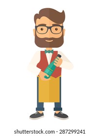 A wine maker standing wearing his apron holding a bottle of wine. . A Contemporary style. Vector flat design illustration isolated white background. Vertical layout.