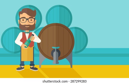 A wine maker standing wearing his apron holding a bottle of wine inspecting from barrel inside the wine storage room. A contemporary style with pastel palette dark blue tinted background. Vector flat