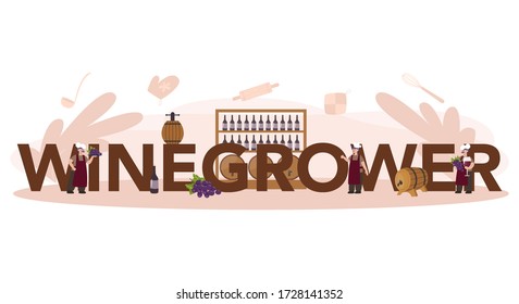 Wine maker typographic header concept. Man wearing his apron with a bottle of a red wine and glass full of alcohol drink. Grape wine in a wood barrel, wine storage. Isolated vector illustration