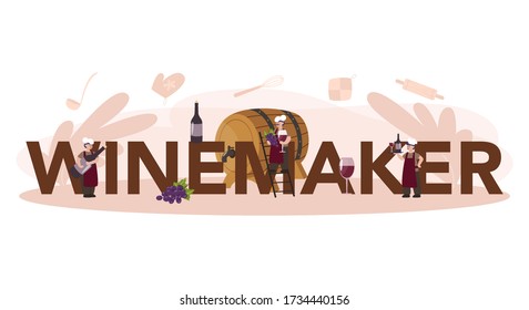 Wine maker typographic header concept. Man wearing his apron with a bottle of a red wine and glass full of alcohol drink. Grape wine in a wood barrel, wine storage. Isolated vector illustration