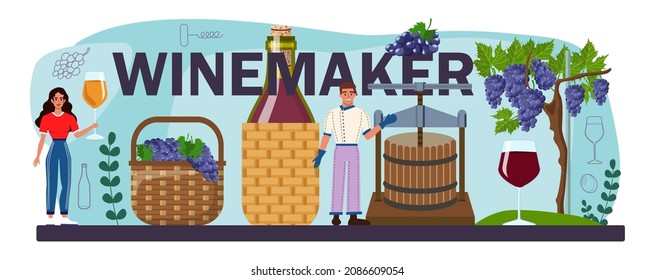 Wine maker typographic header. Grape wine aging in a wood barrel. Wine factory production. Manual grape harvesting, pressing, fermantation and bottling. Flat vector illustration