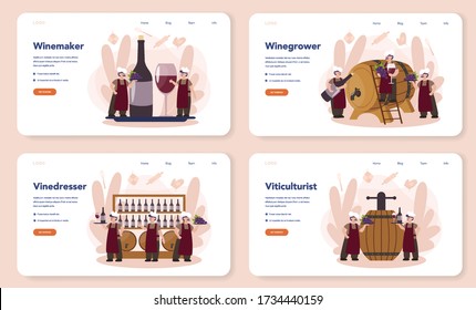 Wine maker web banner or landing page set. Man wearing his apron with a bottle of a red wine and glass full of alcohol drink. Grape wine in a wood barrel, wine storage. Isolated vector illustration