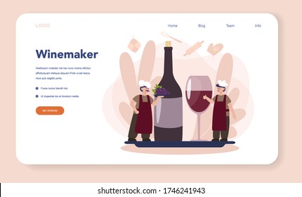 Wine maker web banner or landing page. Man wearing his apron with a bottle of a red wine and glass full of alcohol drink. Grape wine in a wood barrel, wine storage. Isolated vector illustration