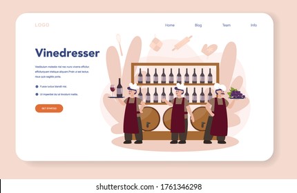 Wine maker web banner or landing page. Man wearing his apron with a bottle of a red wine and glass full of alcohol drink. Grape wine in a wood barrel, wine storage. Isolated vector illustration