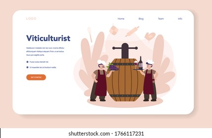 Wine maker web banner or landing page. Man wearing his apron with a bottle of a red wine and glass full of alcohol drink. Grape wine in a wood barrel, wine storage. Isolated vector illustration