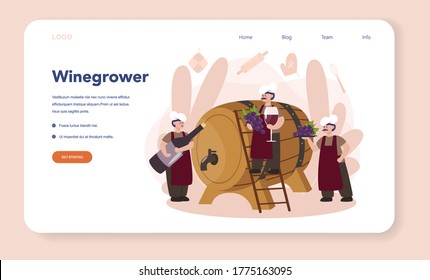 Wine maker web banner or landing page. Man wearing his apron with a bottle of a red wine and glass full of alcohol drink. Grape wine in a wood barrel, wine storage. Isolated vector illustration