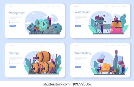 Wine maker web banner or landing page set. Grape wine in a wood barrel. Reciepe development, exposure and samping, grape selection. Isolated vector illustration