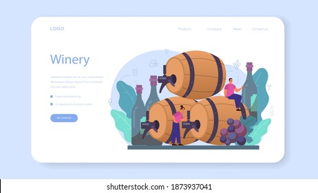 Wine maker web banner or landing page. Grape wine in a wood barrel. Reciepe development, exposure and samping, grape selection. Isolated vector illustration