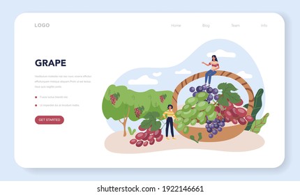 Wine maker web banner or landing page. Grape wine in a wood barrel, bottle of a red wine and glass full of alcohol drink. Isolated vector illustration