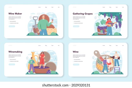 Wine maker web banner or landing page set. Grape wine in a wood barrel, bottle of a red wine. Reciepe development, exposure and samping, grape selection. Flat vector illustration