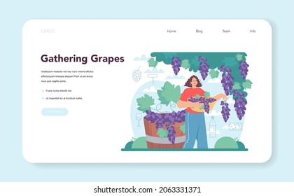 Wine maker web banner or landing page. Grape wine in a wood barrel, bottle of a red wine. Reciepe development, exposure and samping, grape selection. Flat vector illustration