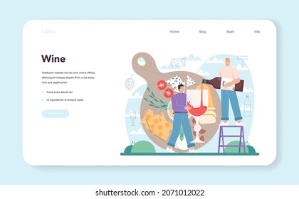Banner web o página de inicio de Wine maker. Vino de uva en barril de madera, botella de vino tinto. Desarrollo, exposición y muestreo de los receptores, selección de uvas. Ilustración vectorial plana