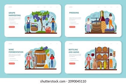 Wine maker web banner or landing page set. Grape wine aging in a wood barrel. Wine factory production. Manual grape harvesting, pressing, fermantation and bottling. Flat vector illustration