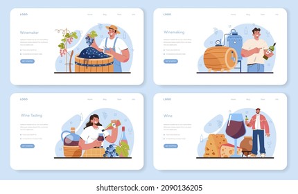 Wine maker web banner or landing page set. Grape wine aging in a wood barrel. Wine factory production. Manual grape harvesting, fermantation and tasting. Flat vector illustration