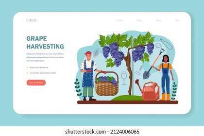 Wine maker web banner or landing page. Grape wine aging in a wood barrel. Wine factory production. Manual grape harvesting, pressing, fermantation and bottling. Flat vector illustration