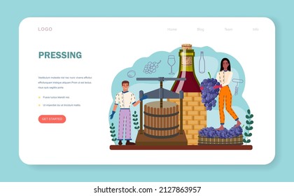 Wine maker web banner or landing page. Grape wine aging in a wood barrel. Wine factory production. Manual grape harvesting, pressing, fermantation and bottling. Flat vector illustration