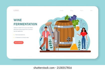 Wine maker web banner or landing page. Grape wine aging in a wood barrel. Wine factory production. Manual grape harvesting, pressing, fermantation and bottling. Flat vector illustration