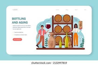 Wine maker web banner or landing page. Grape wine puted in bottles for sale. Alcohol aging. Champagne, red, white and rose wine. Glass full of alcohol drink. Flat vector illustration