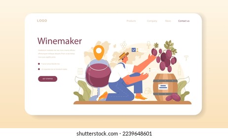 Wine maker web banner or landing page. Wood barrel, bottle of a red wine and glass full of alcohol drink. Reciepe development, exposure and samping, grape selection. Flat vector illustration