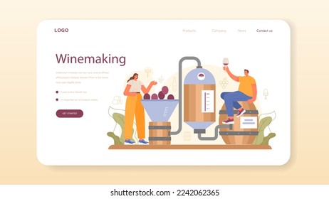 Banner web o página de inicio de Wine maker. Barril de madera, botella de vino tinto y vaso lleno de alcohol. Desarrollo, exposición y muestreo de los receptores, selección de uvas. Ilustración vectorial plana