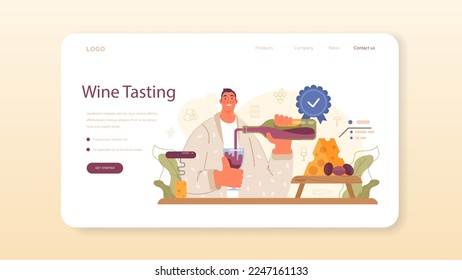 Wine maker web banner or landing page. Wood barrel, bottle of a red wine and glass full of alcohol drink. Reciepe development, exposure and samping, grape selection. Flat vector illustration