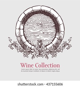 Wine And Wine Making. Wine Barrel With Grapes Wreath. Wine Template Design. Vector Illustration. Sketch Style Design.