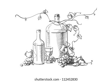 Wine making bottles with wine glass and grapes