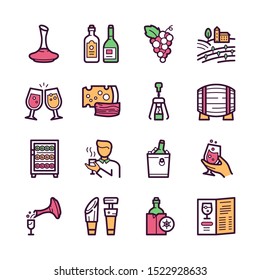 Wine making color linear icons set. Winemaking thin line illustrations pack. Winery outline drawings. Wine tasting, degustation. Wine production technology contour vector symbols collection