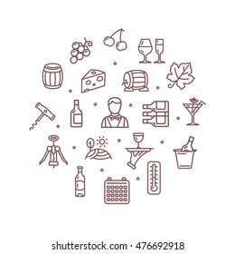 Wine Making Drink Round Design Template Thin Line Icon Set Isolated on White Background. Vector illustration
