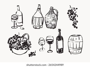 Wine making hand drawn elements,  line art vector illustrations