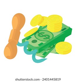 Wine making icon isometric vector. Corkscrew for wine bottle and stack of money. Winemaking, business, hobby