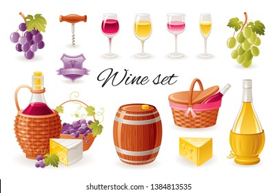 Wine making icon set with grapes, red wine bottle, white wine glass, barrel, picnic basket. Realistic 3d color glossy vector illustrations isolated on white background. Winemaking organic food design