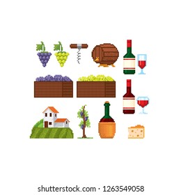 Wine making icon set. Pixel art. Old school computer graphic. Element design stickers, logo, mobile app, menu. 8 bit video game. Game assets 8-bit sprite. 16-bit.