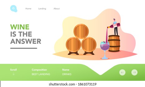 Wine Maaking Landing Page Template. Der winzige männliche Charakter steht auf riesigem Barrel, der Wein in Glas gießt. Weinverkostung im Vault, Weinbereitung, Mazeration, Fermentation. Cartoon-Vektorgrafik